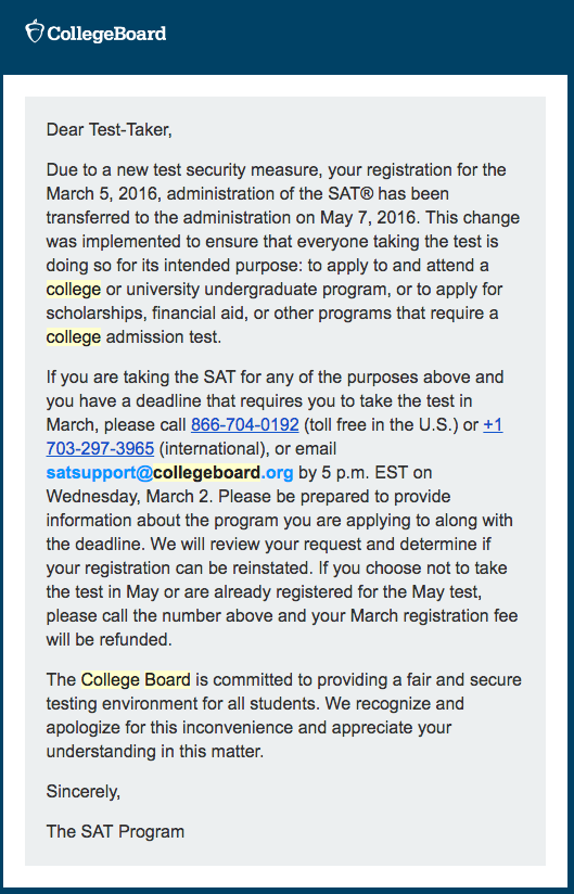 College Board March 2016 SAT Email